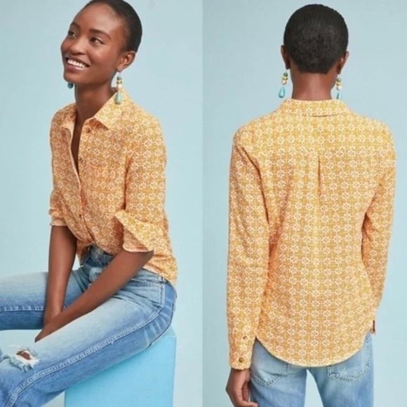 Anthropologie Maeve Perrin Yellow Red White Orange Ornate Print Buttondown Top 2 - Picture 1 of 5